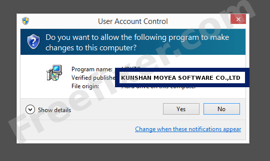 Screenshot where KUNSHAN MOYEA SOFTWARE CO.,LTD appears as the verified publisher in the UAC dialog